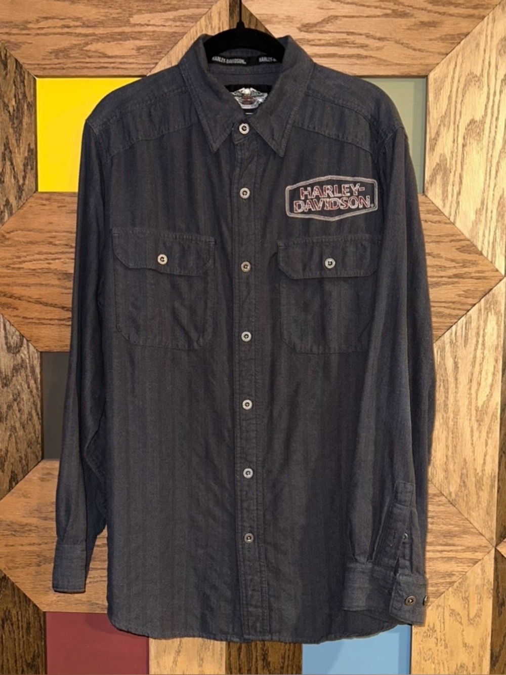 Harley Davidson Shirt Mens Grey Long Sleeve Button Up Embroidered Logo Sz M - Picture 2 of 8
